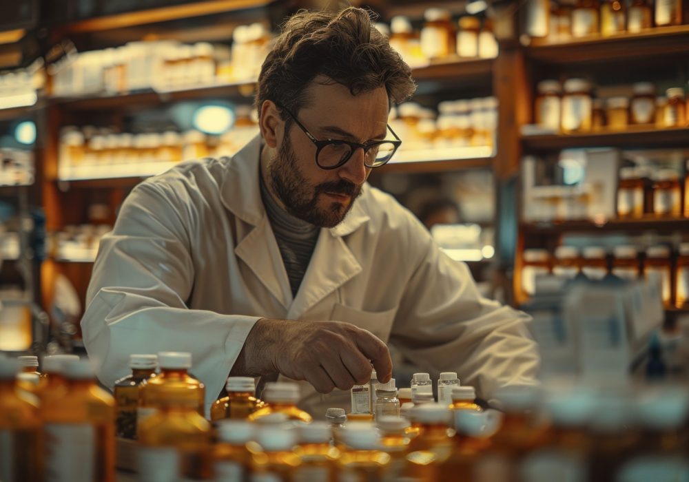Close-up shot of a male pharmacist from Greece labeling prescription bottles in a traditional pharmacy with a cozy atmosphere. The focus is on the detailed task of labeling. Realistic and cinematic. Award-winning photography. Advertising photography. Commercial photography. --chaos 13 --ar 3:2 --style raw --stylize 300 Job ID: 3c3592bd-d95b-4571-820f-a3353eea4bcd